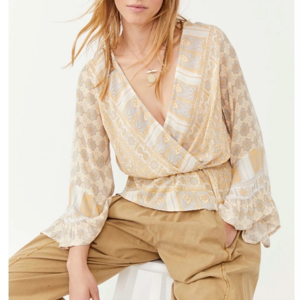 Free People Cream And Gold Wrap Blouse